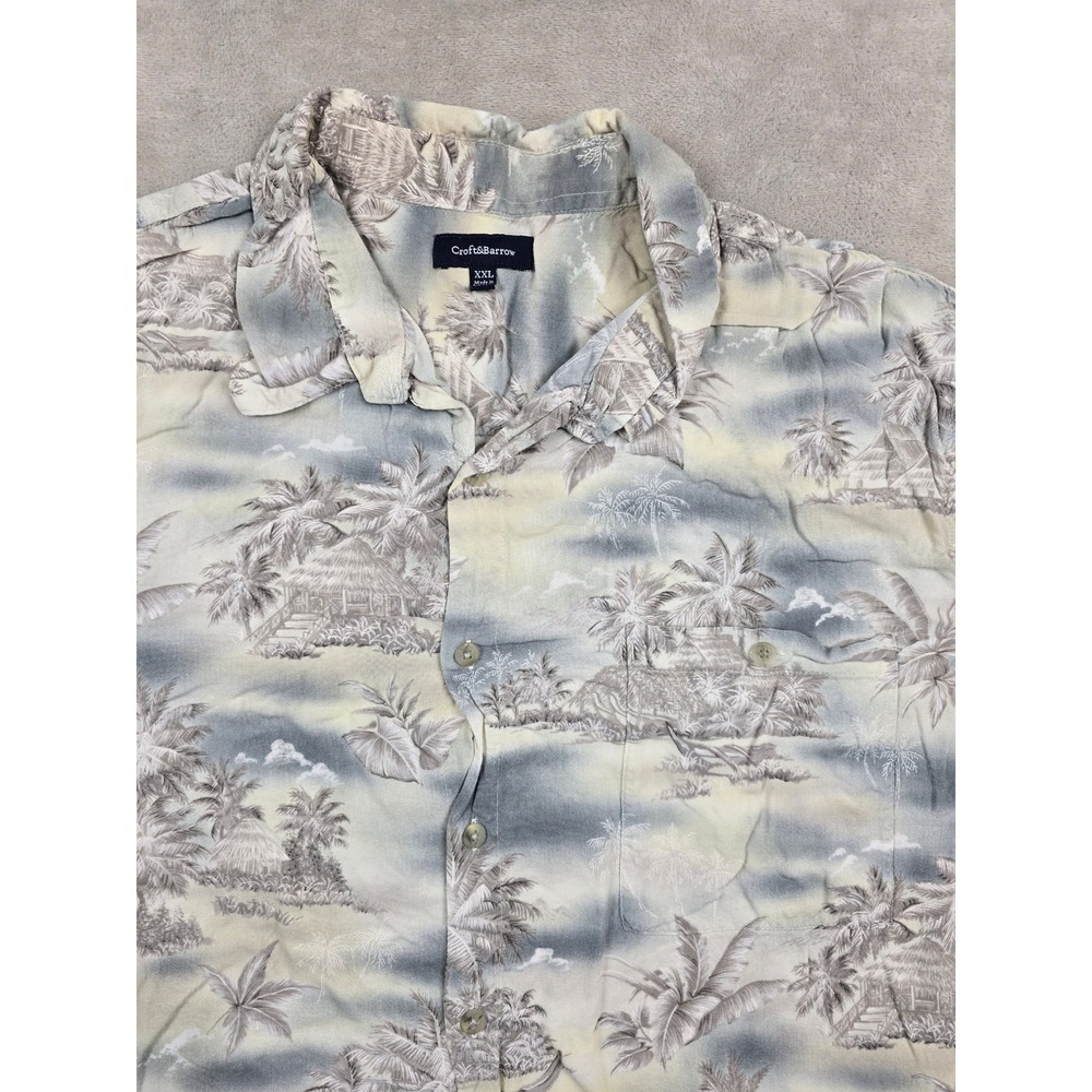 Croft & Barrow Hawaiian Shirt Mens XXL Gray Tropical Palm Tree Rayon *Fits Short